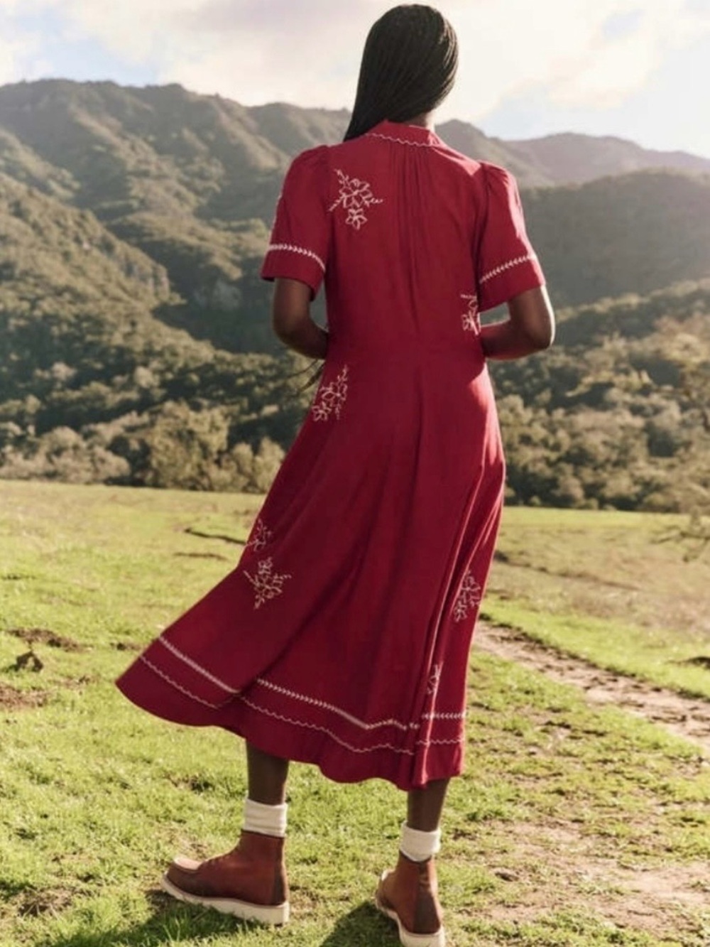 THE GREAT. Embroidered Button-Front Midi Dress in Burgundy - Picture 2 of 5
